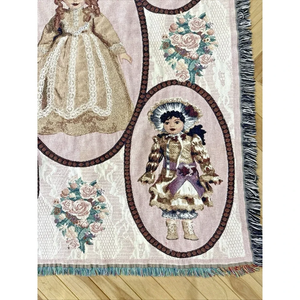 Vintage Victorian Porcelain Doll Woven Tapestry Throw Blanket Fringe 64x49
